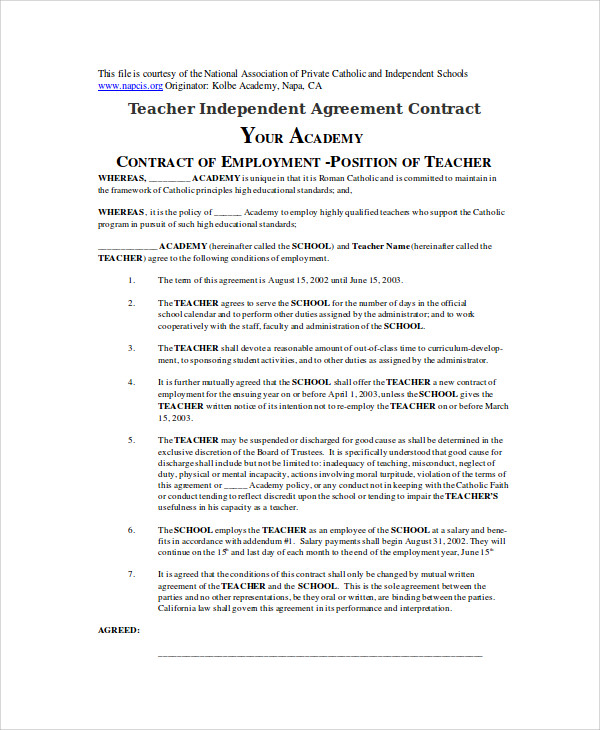 preschool teacher contract template